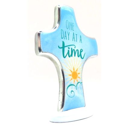 One Day at a Time Cross Metal Freestanding Blue 8 CM Christ Love Faith
