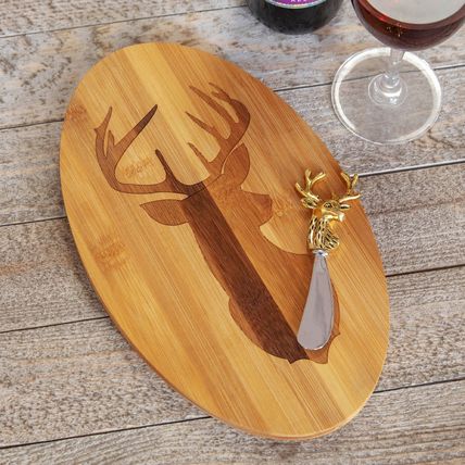Stag Wooden Cheese Board with Metal Stag Shaped Cheese Cutter Gift Kitchen