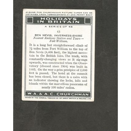 Cigarette Card Holidays in Britain 1938 Scotland Ben Nevis #43