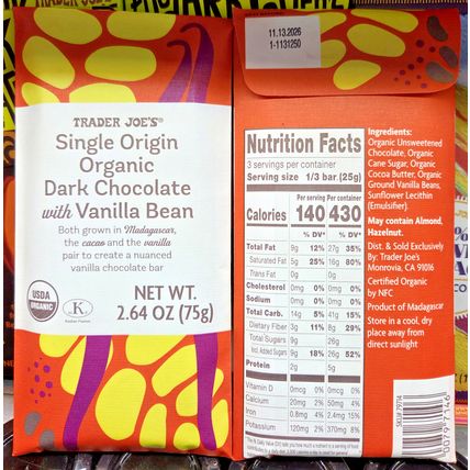 Trader Joe's Single Origin Organic Dark Chocolate with Vanilla Bean (2 Bars)