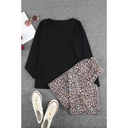 Long Sleeve Top and Leopard Print Pants Lounge Set