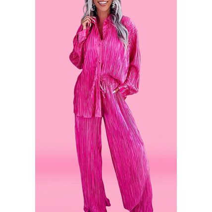 Rose Pleated Long Sleeve Shirt and Wide-Leg Pants Set