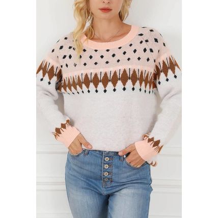 Multicolor Mixed Geometric Detail Raglan Sleeve Sweater