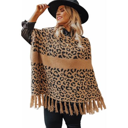 Leopard Plus Size Tasseled Hem Draped Poncho