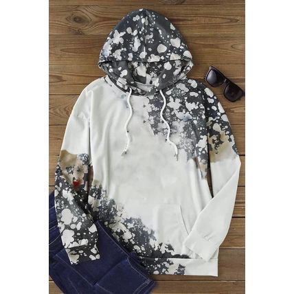 Gray Bleached Tie Dye Kangaroo Pocket Drawstring Hoodie
