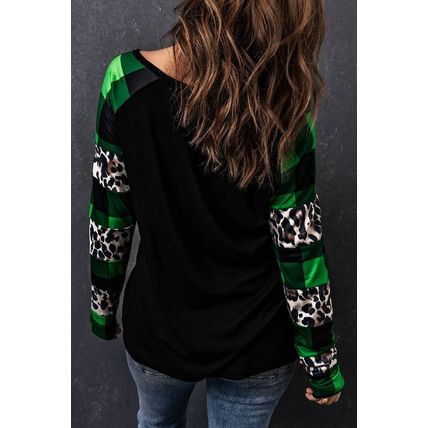 Green Sequin Clover Patch Graphic Plaid&Leopard Sleeve Top