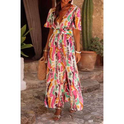 Pink Boho Tie-dye Print V Neck Maxi Dress