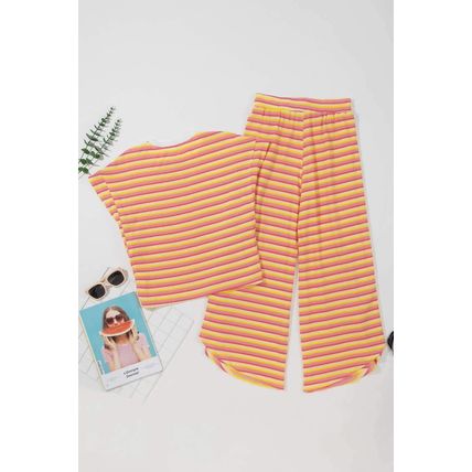 Yellow Stripe Rainbow Tee Tasseled String Wide Leg Pants Set