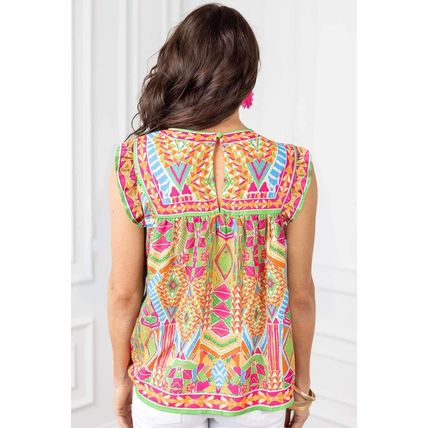 Orange Geometric Print Ruffled Trim Tank Top