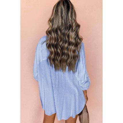 Sky Blue Stripe Roll-tab Sleeve Pocketed Long Shirt