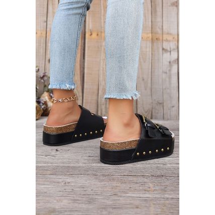 Black Dual Buckle Studded Platform Sandal Slippers