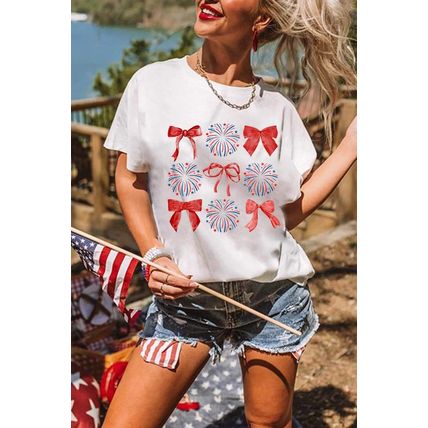 White July 4th Celerbration Bowknot Firework Graphic Tee