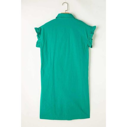 Bright Green Shirred Ruffle Sleeve Button Up Short Dress