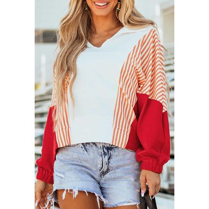 White Striped Color Block Collared V Neck Oversized Sweatshirt