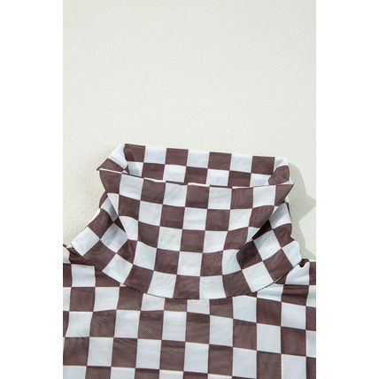 Brown Checkered Printed Long Sleeve High Neck Bodysuit