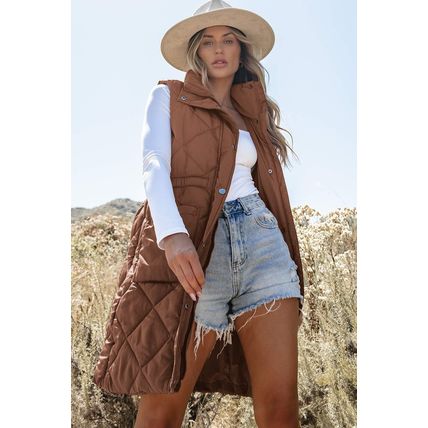 Coffee Longline Quilted Stand Collar Puffer Vest