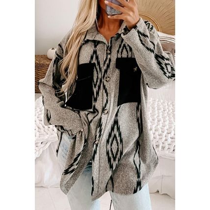 Gray Aztec Contrast Chest Pockets Loose Shacket