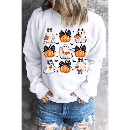 Beige Halloween Ghost Pumpkin Print Crew Neck Sweatshirt