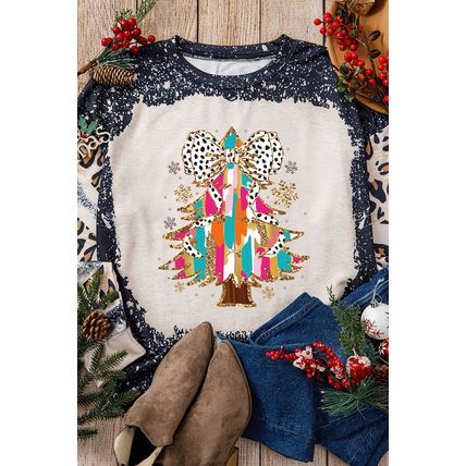 Black Christmas Tree Graphic Bleached Leopard Tie Dye Sweatshirt