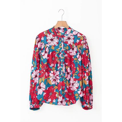 Red Floral Printed Balloon Sleeve Half Buttons Blouse