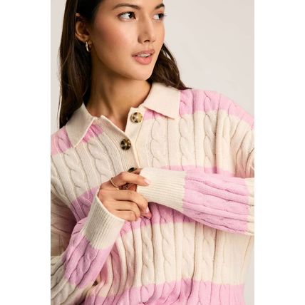 Pink Stripe Cable Knit Collared Henley Sweater