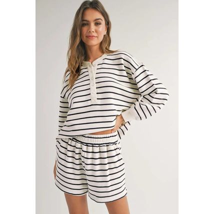 Black white Stripes Printed Half Button Long Sleeve Top and Shorts Set