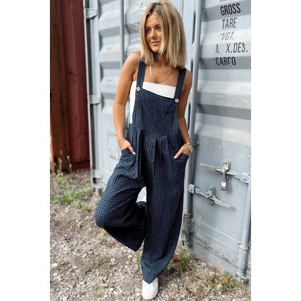 Sail Blue Plaid Print Buttoned Pocketed High Waist Overall