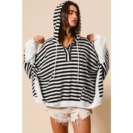 Black white Oversized Striped Henley Buttons Dolman Sleeve Hooded Top