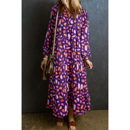 Blue Petal Collared Tiered Flowy Long Dress