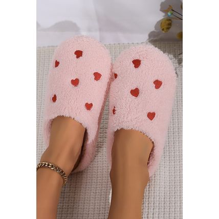 Pink Heart Shape Embroidered Slip On Plush Slippers