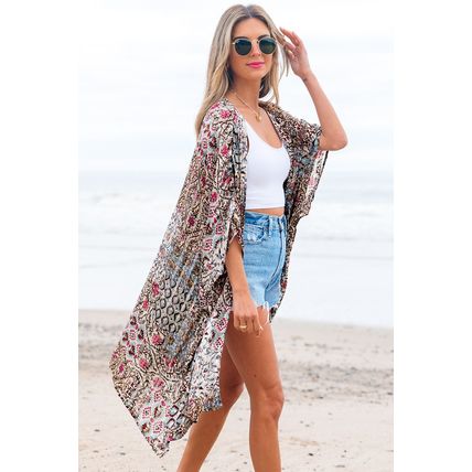 Apricot Floral Print Short Wide Sleeve Open Front Loose Kimono