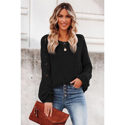 Black Hollow-out Puffy Sleeve Knit Sweater