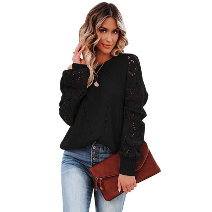 Black Hollow-out Puffy Sleeve Knit Sweater