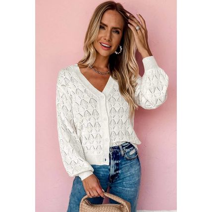 White Lightweight Buttoned Front Crochet Cardigan