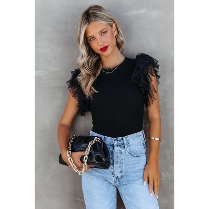 Black Dotty Mesh Ruffle Sleeve Ribbed Knit Top
