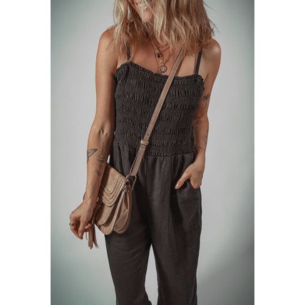 Black Spaghetti Straps Shirred Bodice Pocketed Wide Leg Jumpsuit