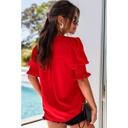 Red Solid Color Half Sleeve V Neck Blouse