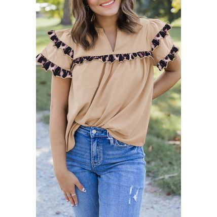 Smoke Gray Leopard Ruffles Trim Tiered Short Sleeve Blouse