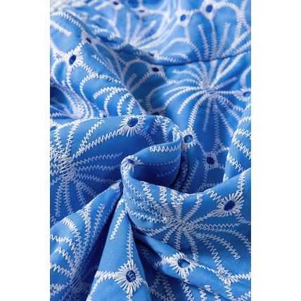 Sky Blue Eyelet Flower Embroidery Frilled Short Puff Sleeve Blouse