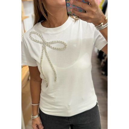 White Rhinestone Bow Embellished Round Neck Tee