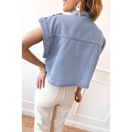 Dusk Blue Denim Pinup Folded Cap Sleeve Shirt