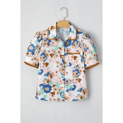 Multicolour Floral Print Ricrac Trim Collared Puff Short Sleeve Shirt