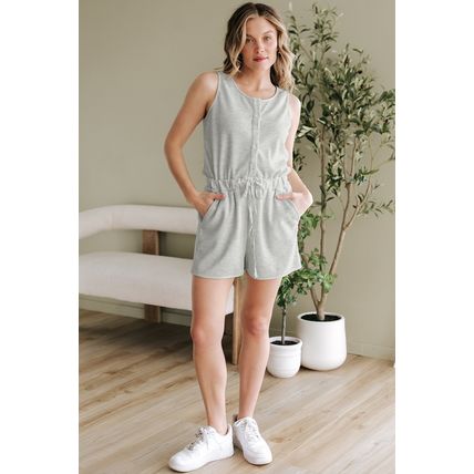 Light Grey Waffle Knit Sleeveless Buttoned Front Drawstring Waist Romper