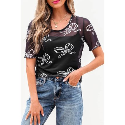 Black Bow Printed Mesh Short Sleeve Top