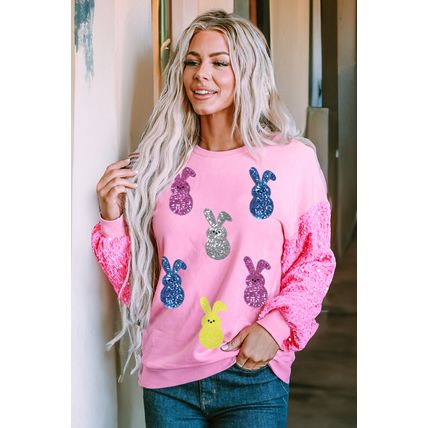 Pink Sequin Bunny Doll Contrast Long Sleeve Patchwork Top