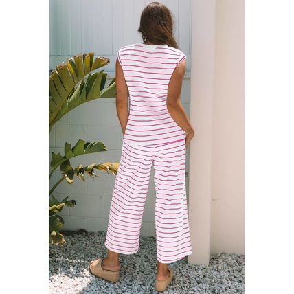 Rose Stripe Casual Wide Leg 2pcs Pants Set