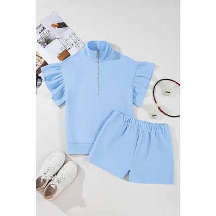 Beau Blue Ribbed Texture Half Zip Ruffled Short Sleeve Top and Shorts Set