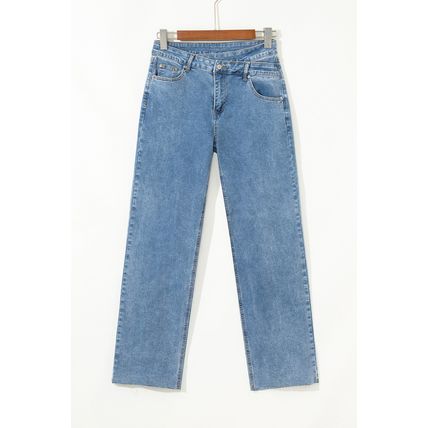 Blue Mid Rise Asymmetrical Waist Wide Leg Jeans