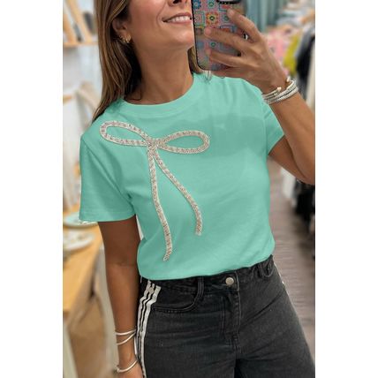 Mint Green Rhinestone Bow Embellished Round Neck Tee