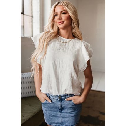 White Crinkled Layered Ruffled Flutter Sleeve Blouse